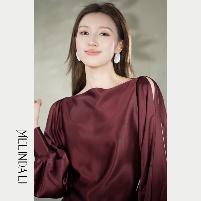 Melinda Li【夜微凉】雅丹风法式优雅醋纤缎面一字领袖镂空衬衫上衣