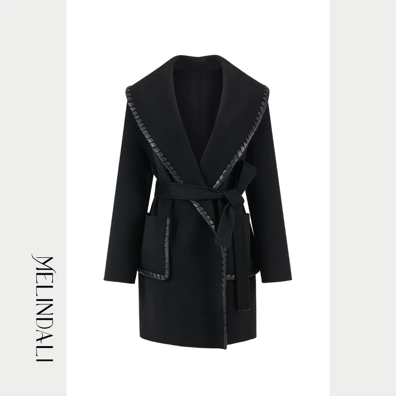 Melinda Li【光影皮革】重磅羊皮编织绵羊毛羊绒混纺中长款毛呢大衣