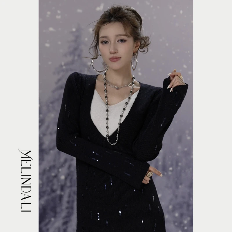 Melinda  Li【星耀】定制高奢新年战袍亮片显瘦羊毛针织连衣裙