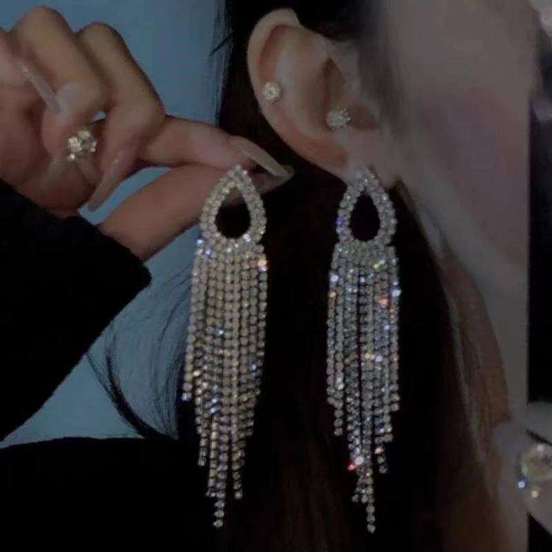 合金耳饰 轻奢满钻锆石流苏耳环气质高级感聚会礼服小众夸张耳环