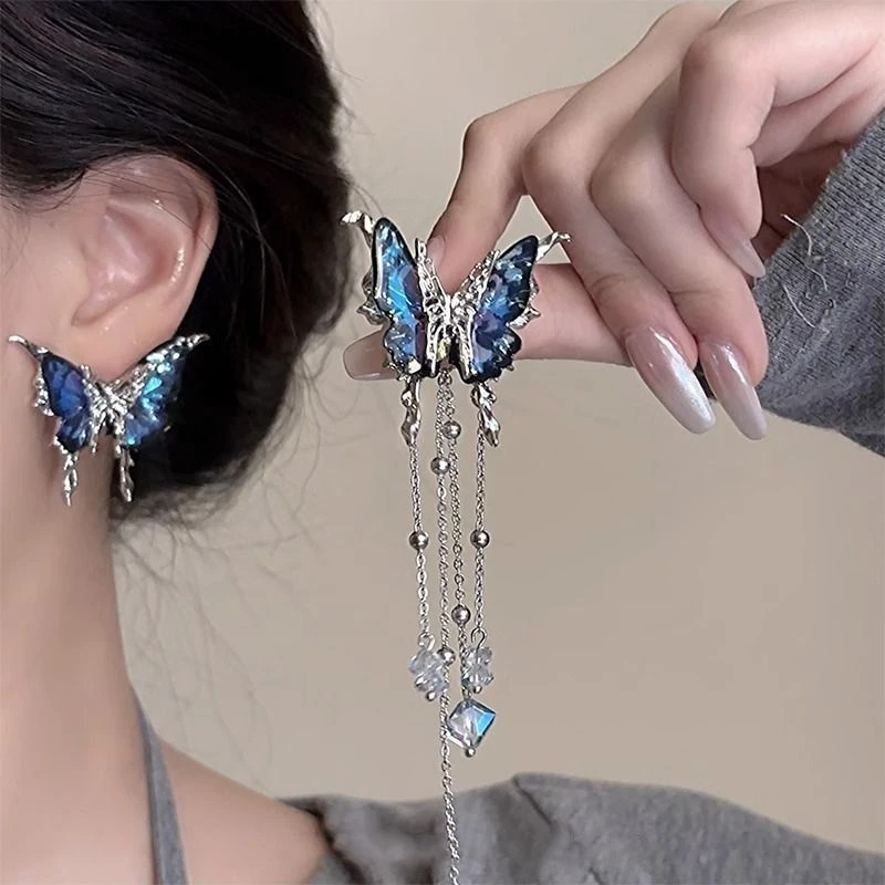 小众耳饰蓝色星空亮闪蝴蝶耳环复古气质感水晶流苏不对称耳钉