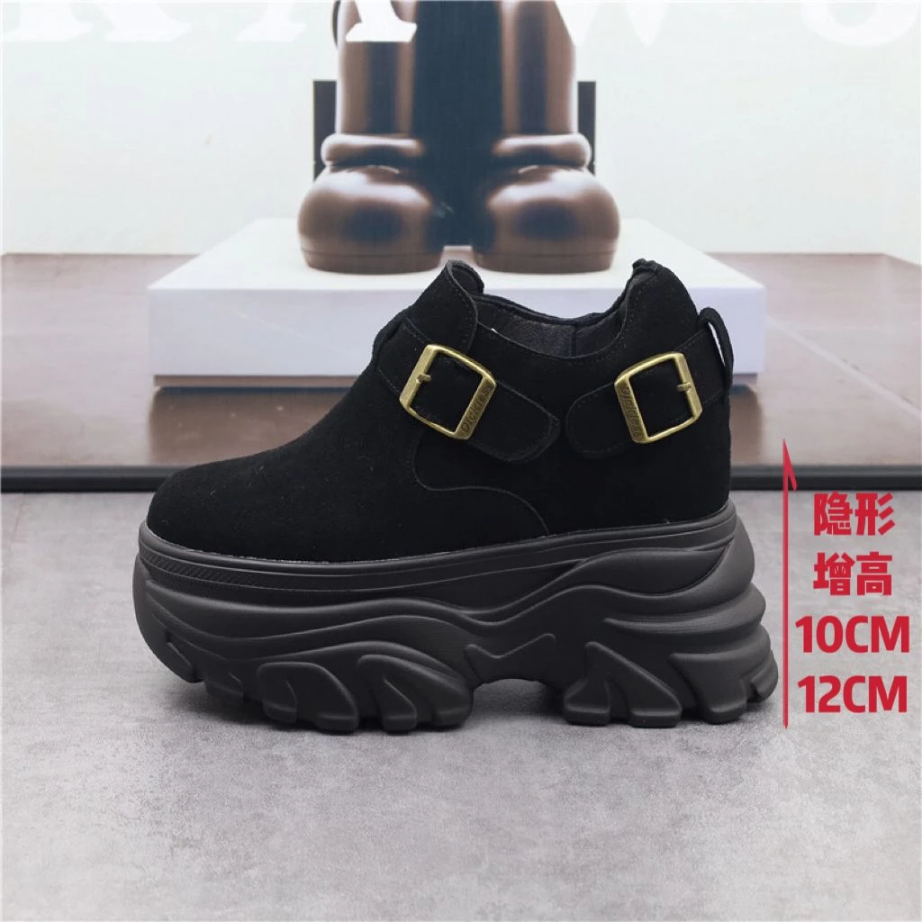 小个子12CM内增高勃肯鞋女黑色厚底10cm秋冬新款加绒大头松糕单鞋