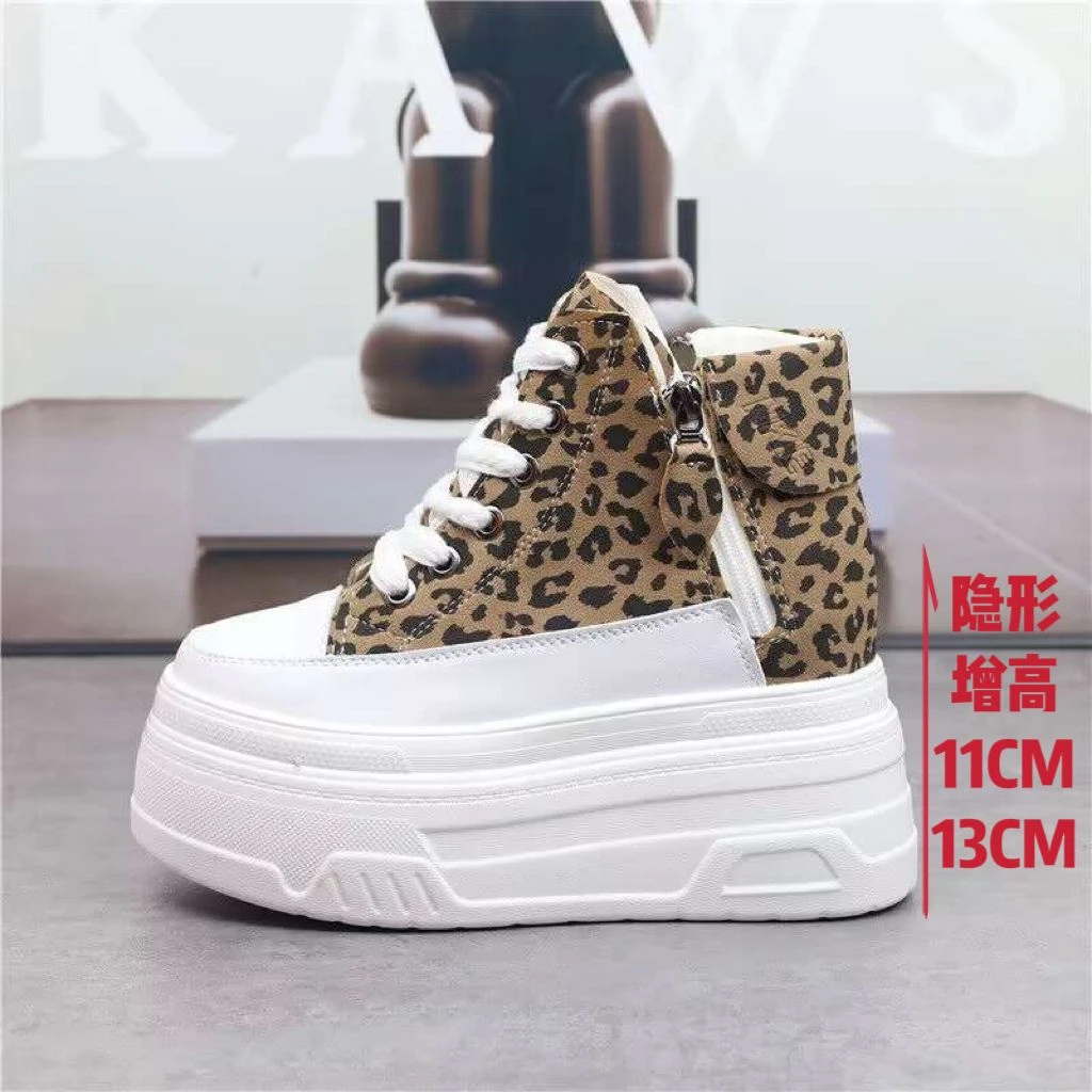 内增高13CM高帮女鞋豹纹厚底11cm松糕鞋秋季新款百搭休闲小白鞋子