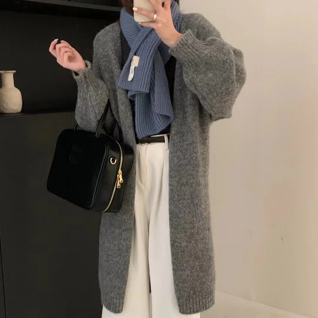 韩系秋冬加厚v领过膝长款毛衣外套宽松慵懒针织开衫设计感大衣女