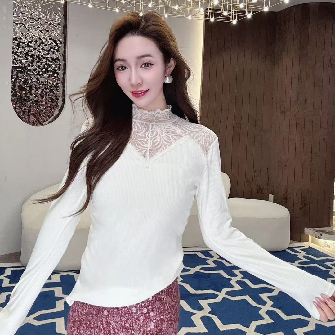 【MIA.G】【浪漫白茶】半高领蕾丝拼接上衣    QQ236
