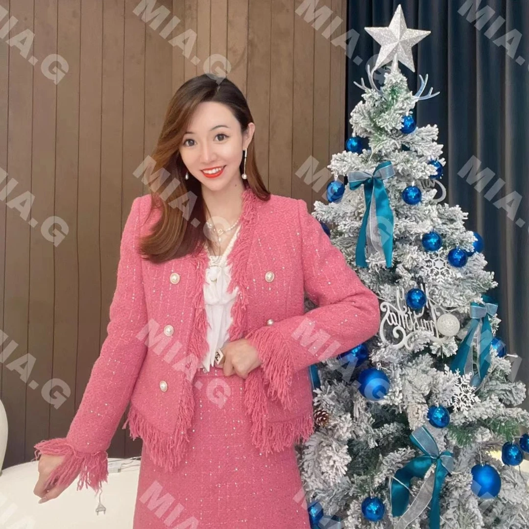 【MIA.G】加棉小香风修身显瘦璀璨名媛粉流苏外套     M017