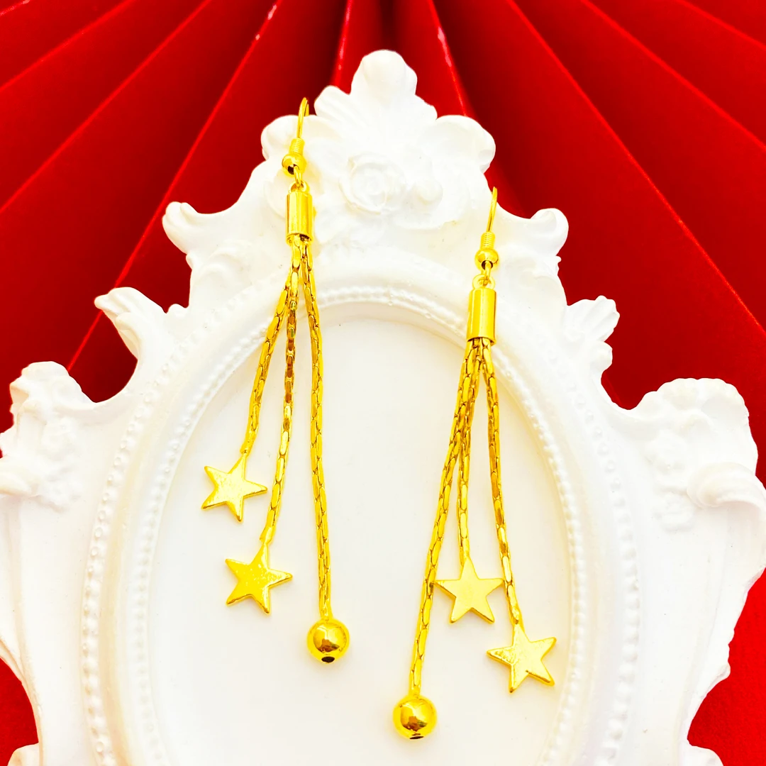 凤金彩 铜合金耳饰 精美简约百搭长款耳坠【圆珠星星流苏吊坠】