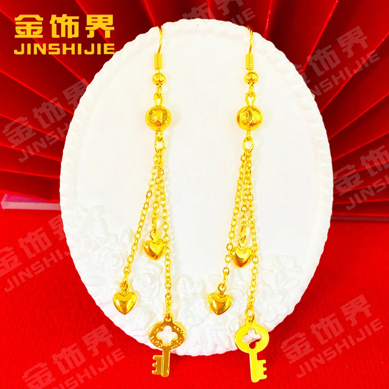 凤金彩 铜合金耳饰 精美时尚气质百搭长款耳吊【爱心钥匙流苏耳钩】
