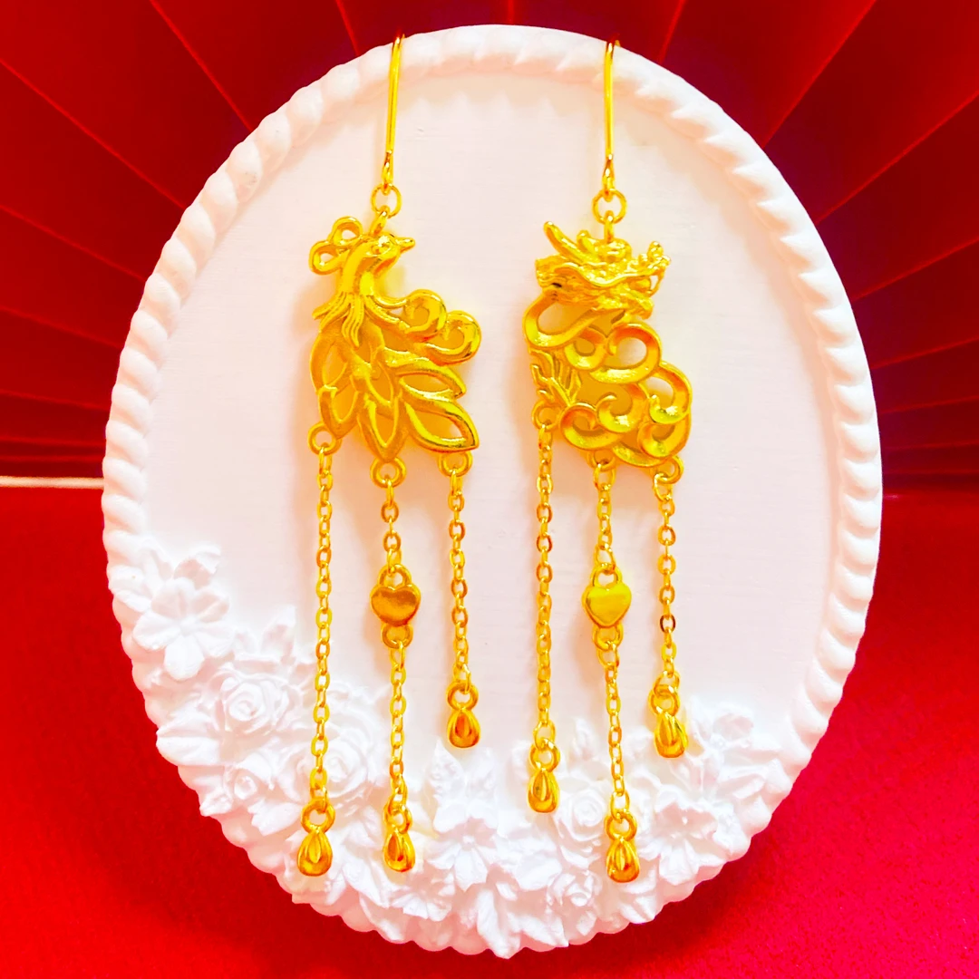 凤金彩 铜合金耳饰 时尚气质 百搭长款流苏耳钩【龙凤耳环】