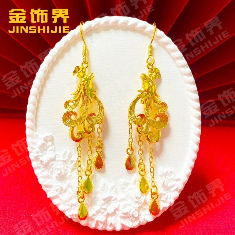 凤金彩 铜合金耳饰 精美气质时尚百搭流苏耳吊【凤凰三生链耳钩】