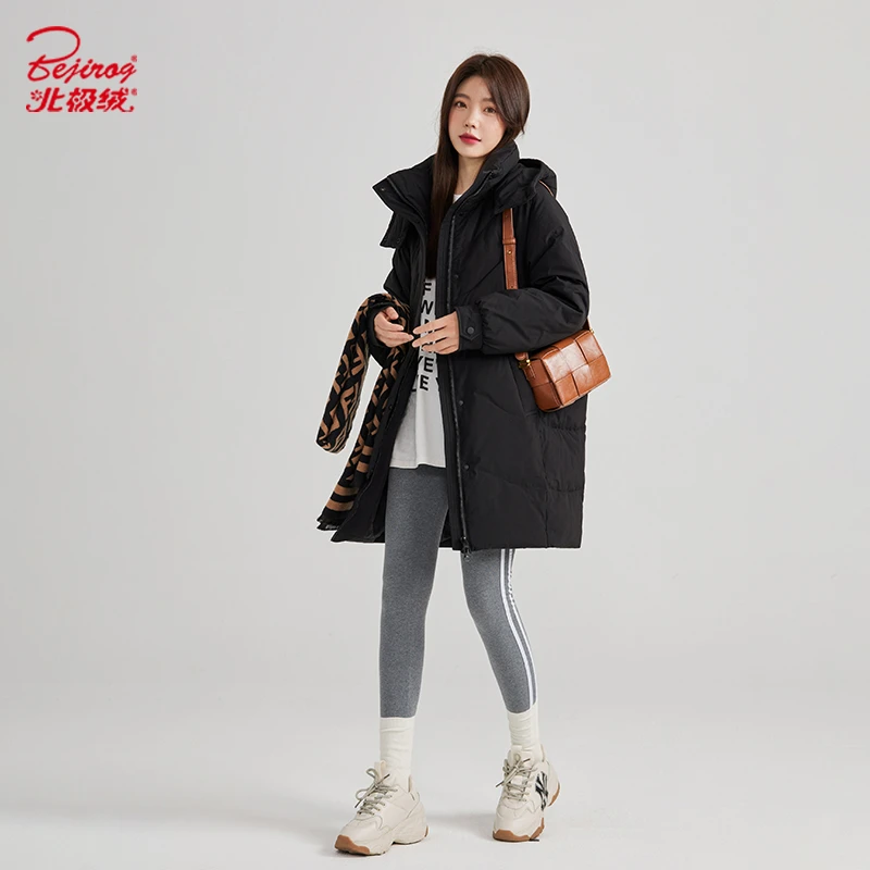 北极绒白鸭绒冬季新款连帽修身中长款羽绒服运动时尚休闲收腰加厚