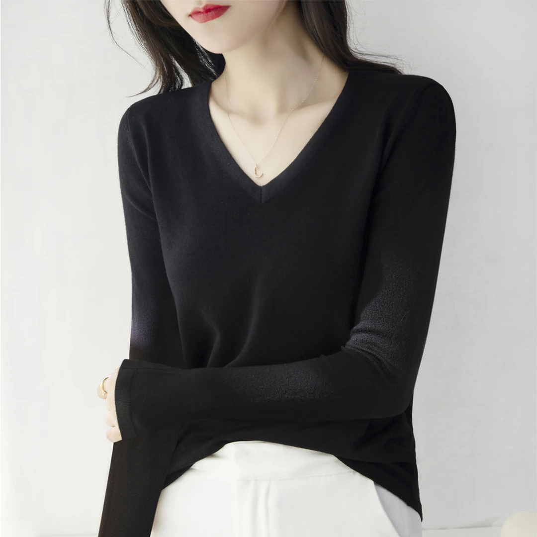秋冬季v领设计显瘦长袖针织衫新款法式时尚百搭宽松打底上衣女装