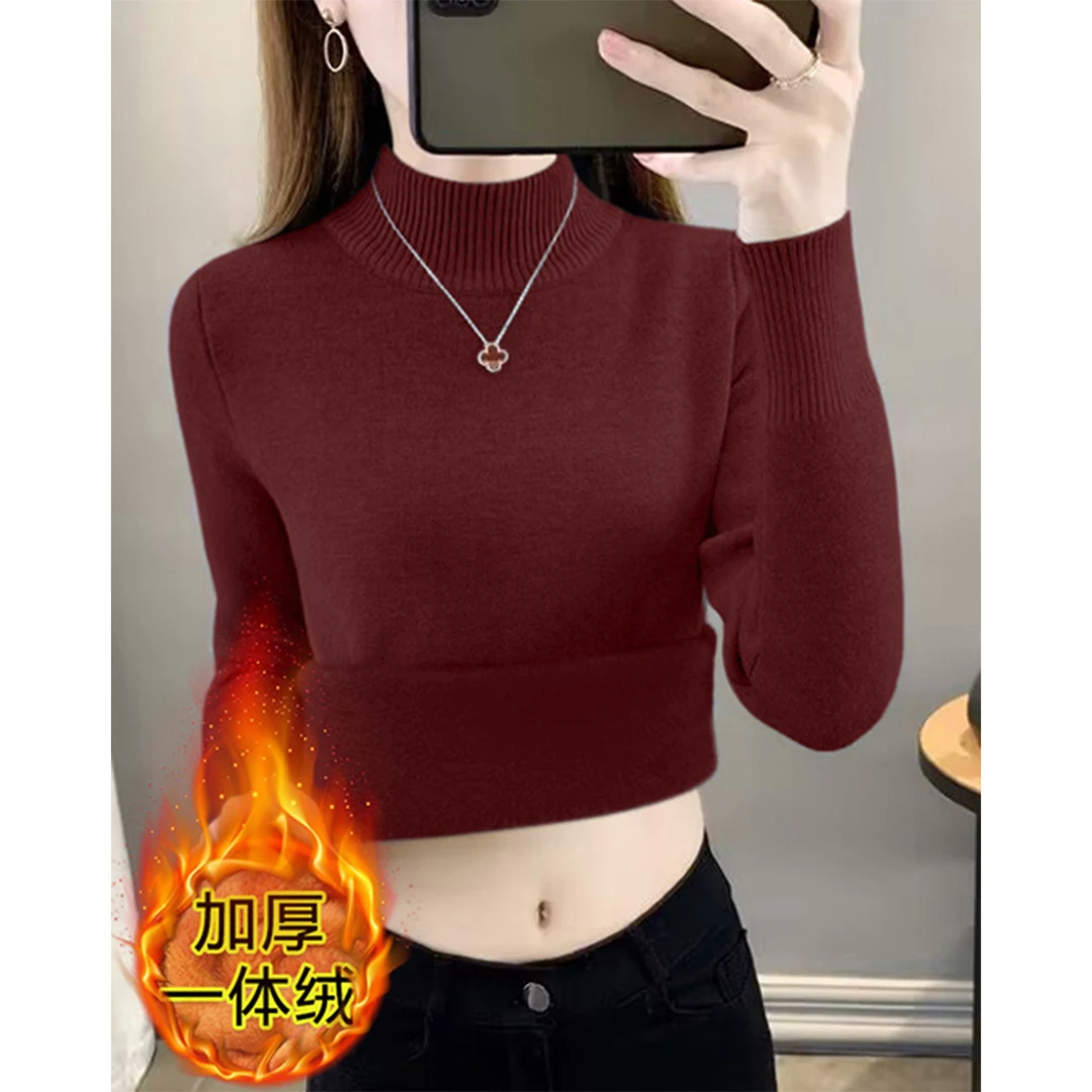 冬季新款安可拉红长袖针织衫女纯色加绒加厚款打底上衣半高领毛衣