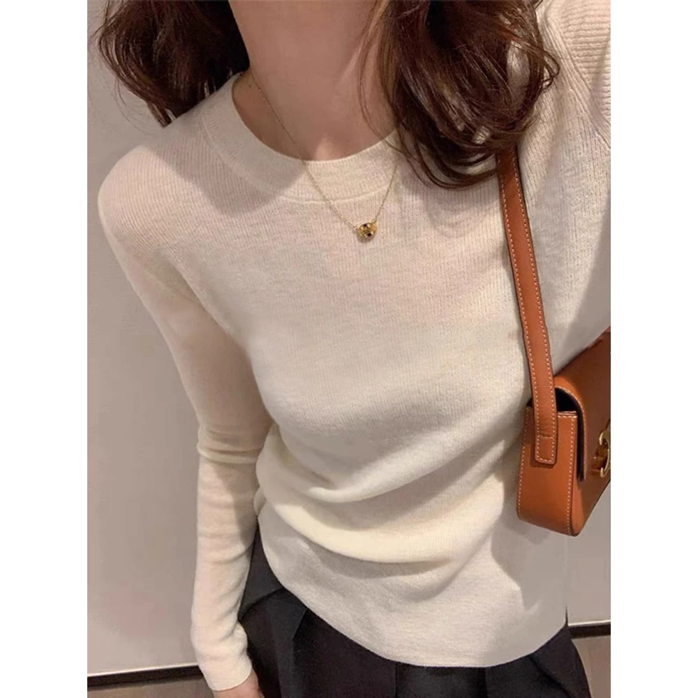 2025年新款秋季高级感显瘦简约百搭针织衫圆领长袖修身打底衫上衣