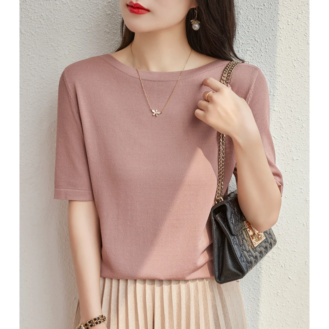 夏季一字肩领中袖冰丝t恤针织衫女装百搭气质高级感五分袖上衣薄