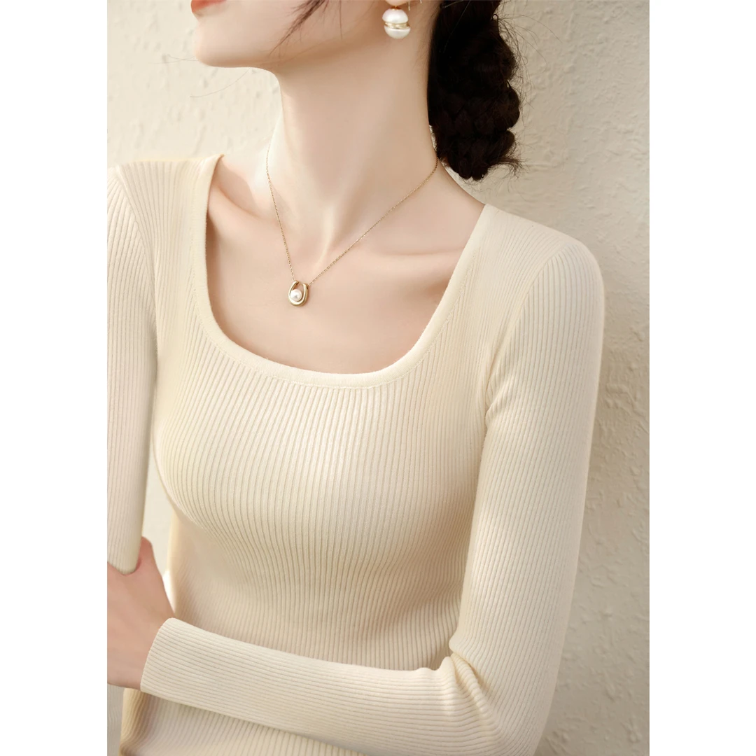 新款简约方领U领内搭上衣打底秋冬季羊毛修身时尚长袖针织衫女装