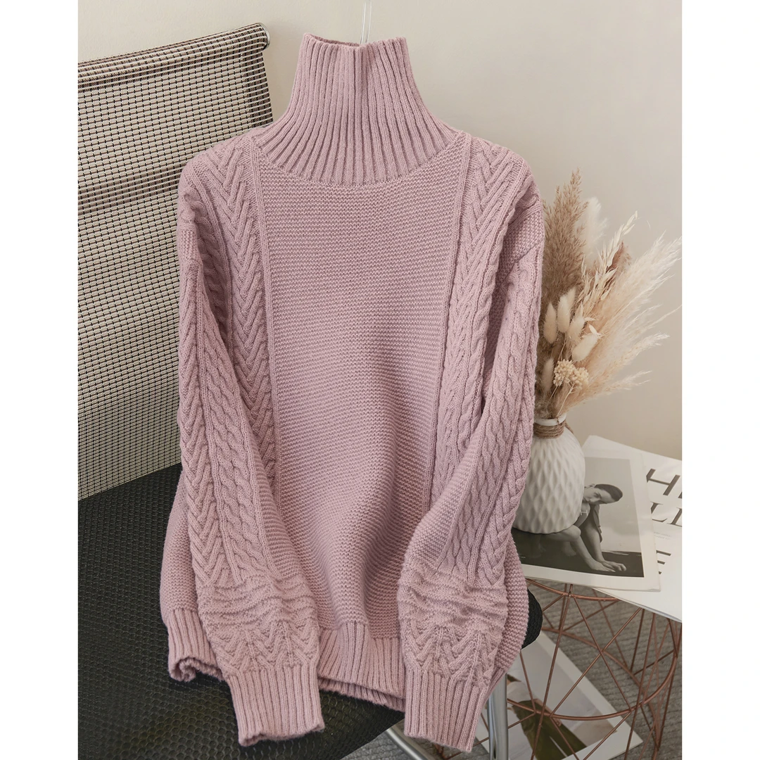 宽松显瘦绞花长袖针织衫打底上衣百搭慵懒风加厚高领毛衣女内搭冬