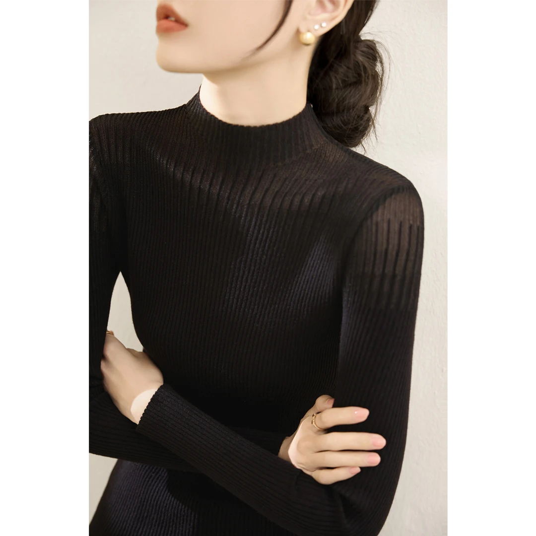 秋季法式毛衣洋气半高领网纱针织毛衣2025年长袖拼接打底衫保暖