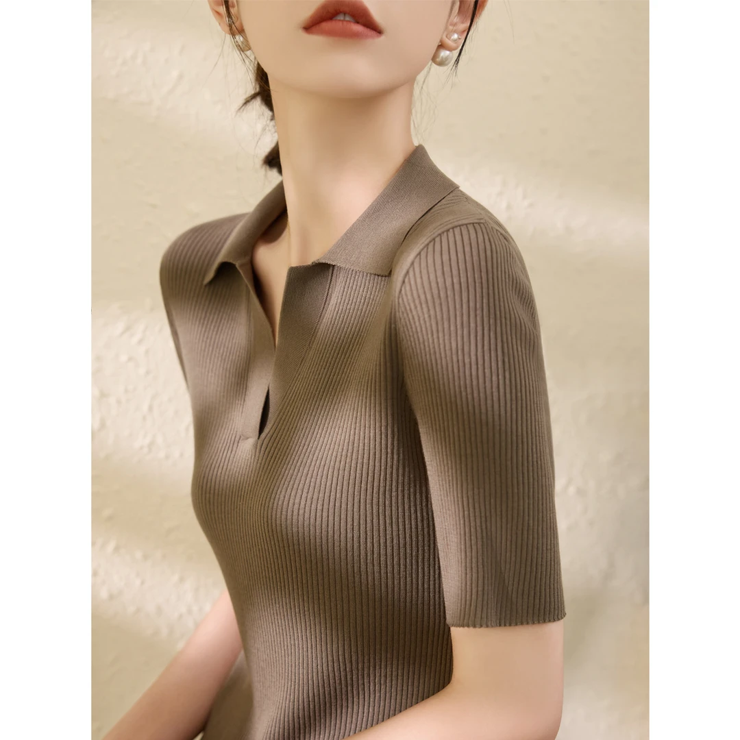 2025秋季新款坑条修身正肩打底针织衫女装半开翻v领中袖气质上衣