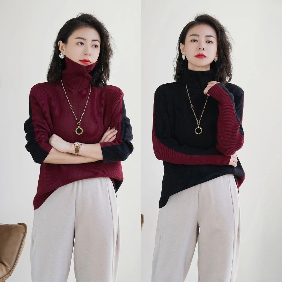 撞色坑条高领双面穿厚款韩系毛衣女2025年冬季新款长袖针织打底衫