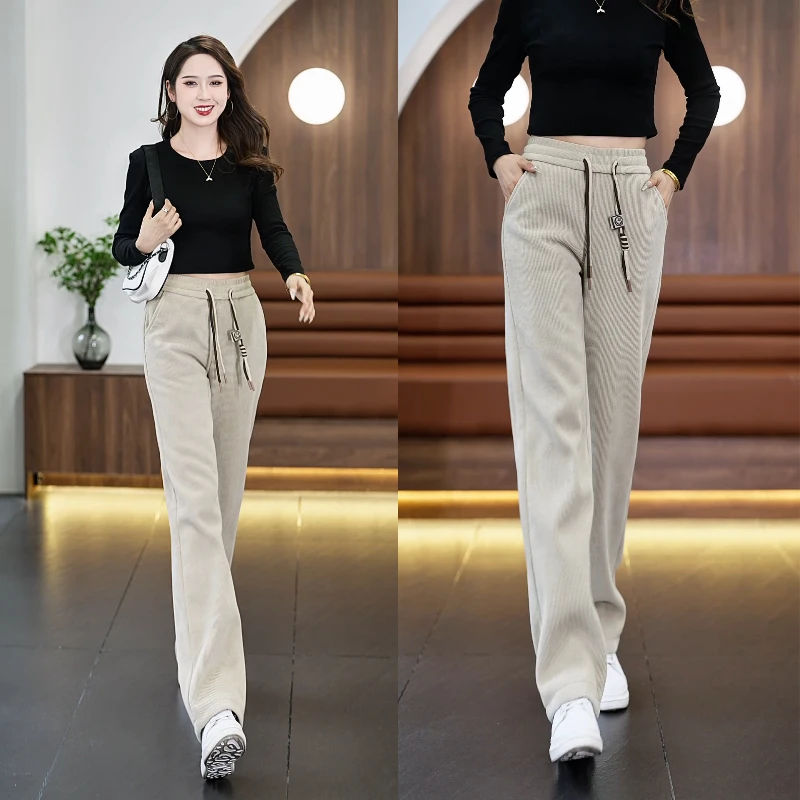 秋冬新款高腰休闲裤加绒加厚保暖显瘦百搭松紧腰窄版直筒长裤2868