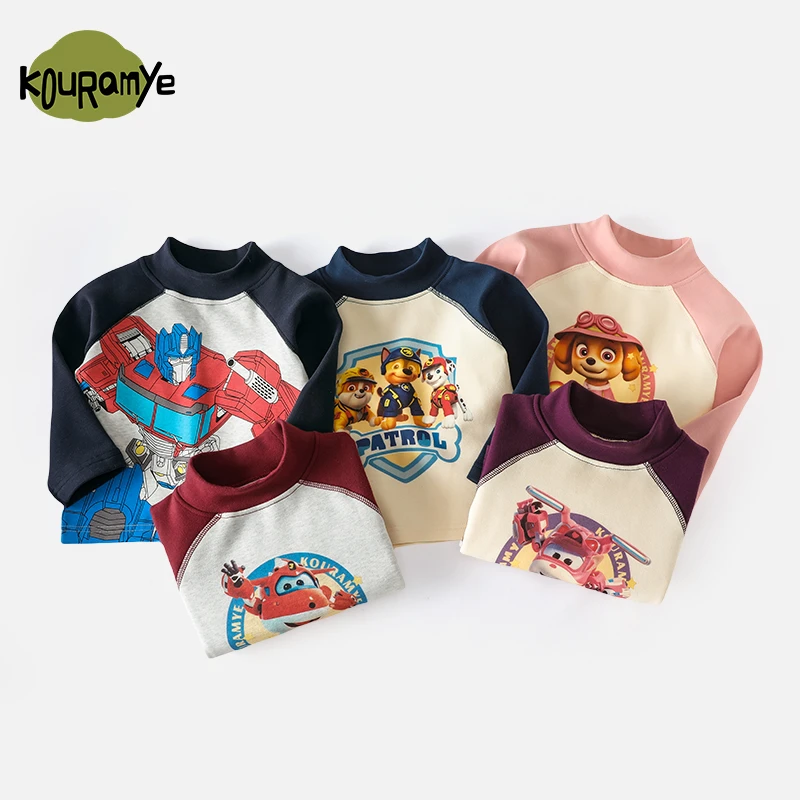 酷娃米2024年冬季新款男女童舒适百搭中领卡通插肩袖打底衫20692