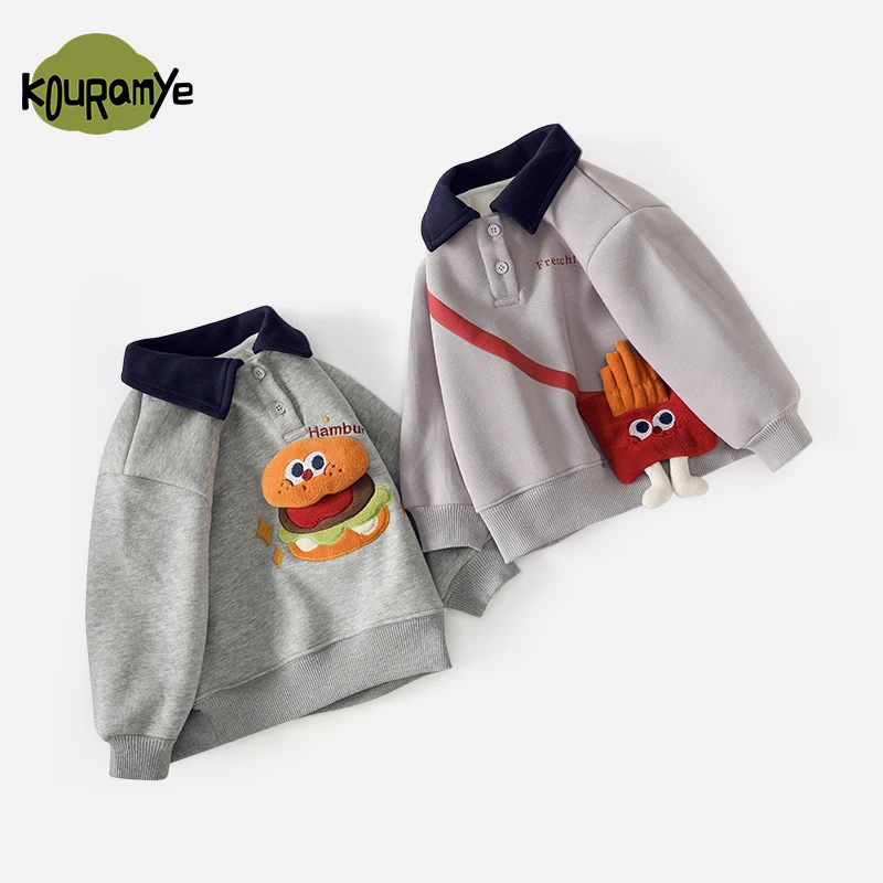 酷娃米2024年冬季新款中小男女童舒适卡通POLO领加绒卫衣20680