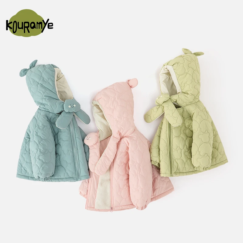 酷娃米2024年冬季新款中小女童舒适百搭可爱加绒连帽外套20641