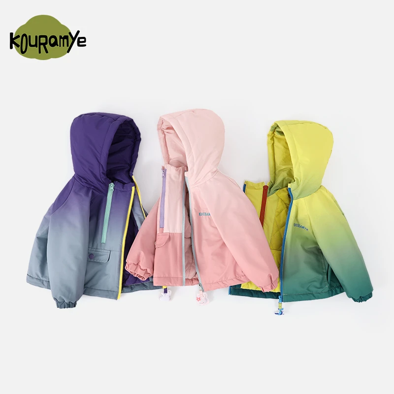 酷娃米2024年冬季新款中小男女童舒适渐变加绒冲锋衣外套20656