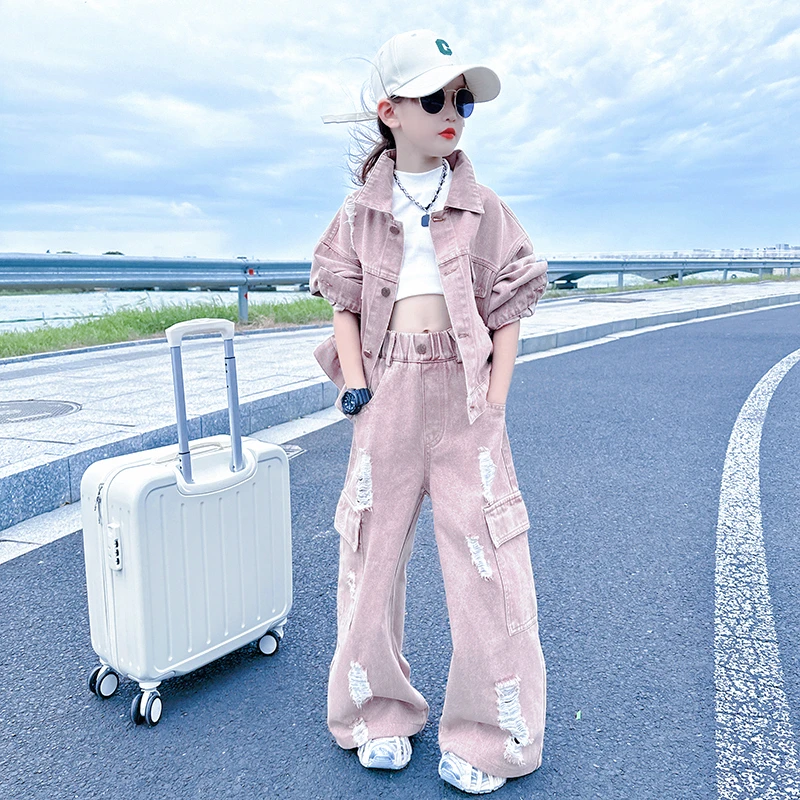 女大童春秋牛仔套装2025新款女孩网红潮流破洞外套阔腿裤两件套