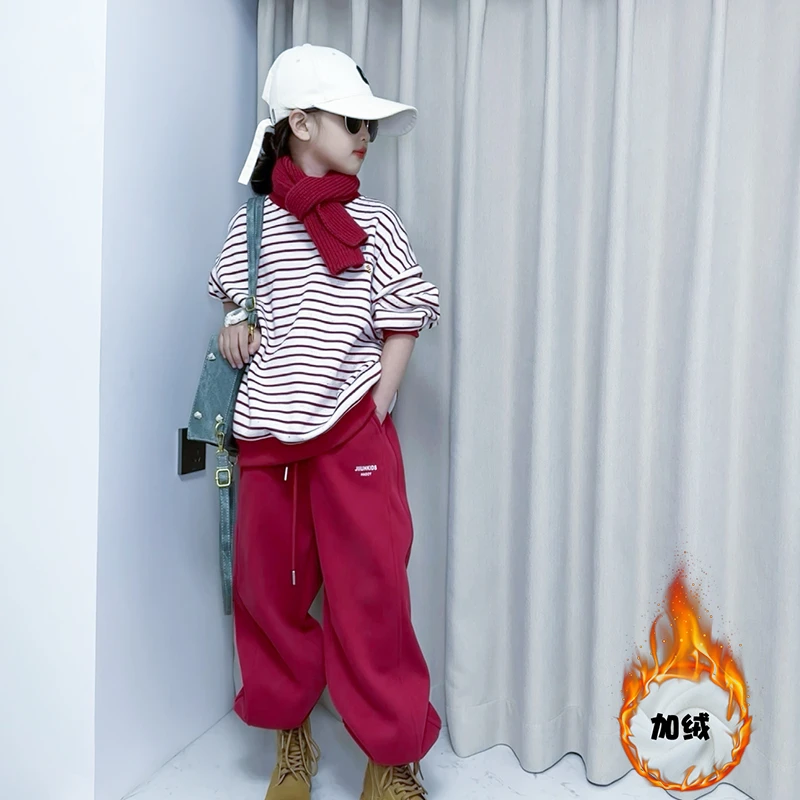 女童秋冬加绒条纹卫衣套装2025新款中大童洋气运动束脚裤两件套潮
