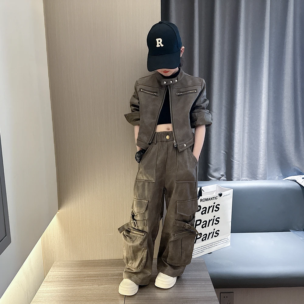 女童春装工装套装2025新款儿童女孩美式炸街短款机车服潮酷两件套