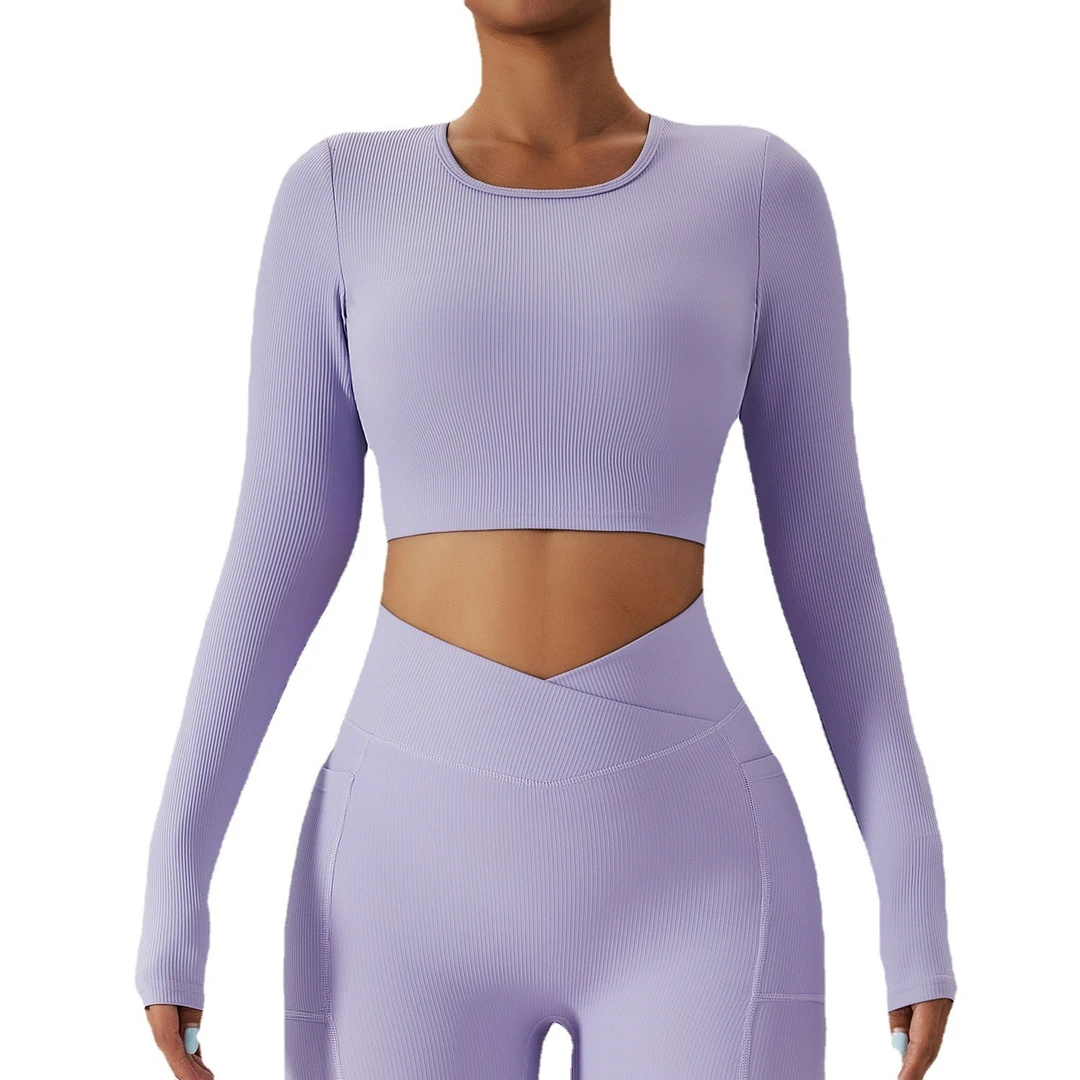 bootygirl#6512螺纹镂空美背健身服女运动紧身T恤跑步长袖瑜伽服