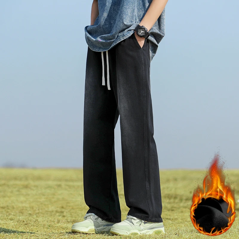 美式高街牛仔裤男款爆款2024冬季加绒百搭显高阔腿长裤男直筒宽松