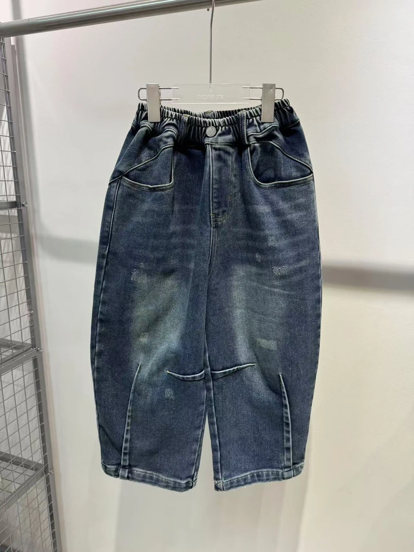 XTJ STUDIO童装 设计师款 U家 裤腿褶皱线加绒牛仔裤 冬款