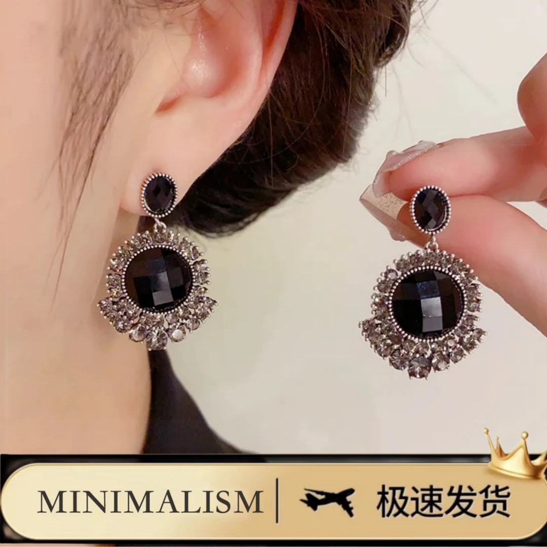 铜合金耳饰 925银针「黑夜的星光」时尚复古经典黑色微镶耳饰S-099