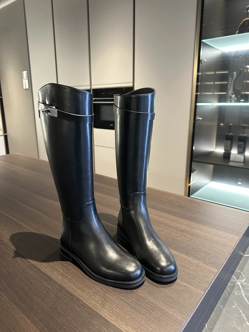 整骨级~真皮斜口k凯莉扣锁扣拉链粗跟高筒骑士长靴女瘦瘦靴大码