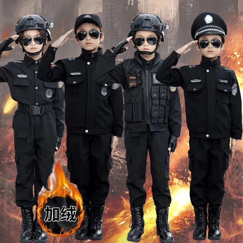 儿童加绒特警服套装男女童秋冬加绒休闲警察服小警官生日礼物服饰