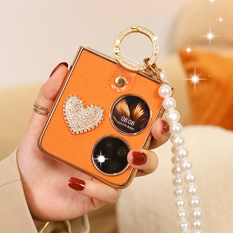 真皮橙色适用华为P50Pocket手机壳斜挎pocketS保护壳pocket2折叠