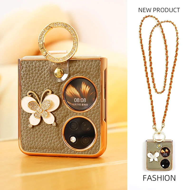 真皮华为P50Pocket手机壳斜挎pocketS指环折叠屏挂绳pocket2高档