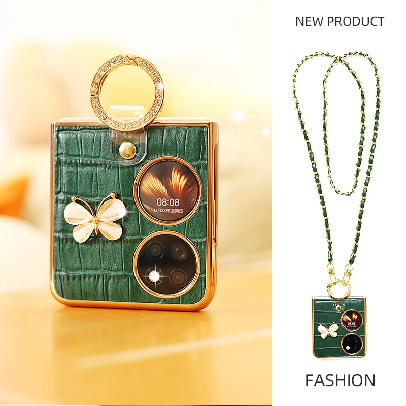 真皮华为P50Pocket手机壳斜挎pocketS折叠屏绿色女款高档pocket2