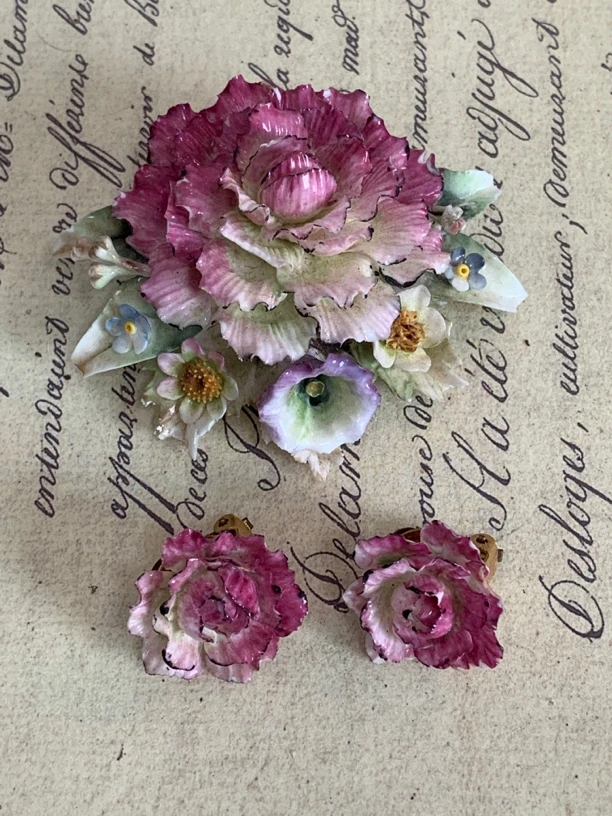 孤品vintage英国重工陶瓷花朵胸针套装