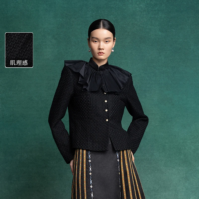 生活在左优雅外套上衣配真丝披肩复古法式2025春季新品毛织开衫女