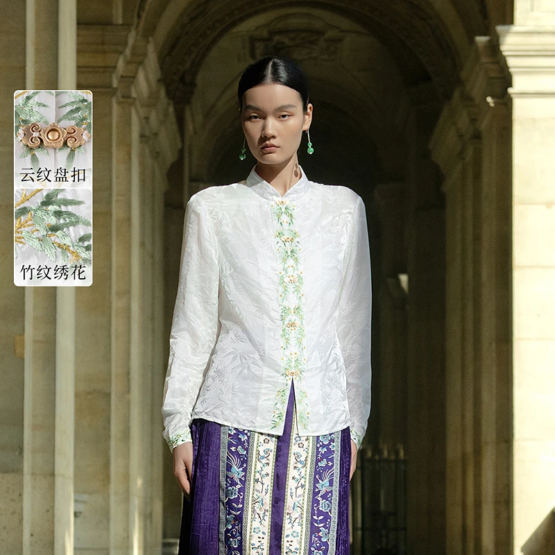 生活在左清雅绣花衬衣新中式国风修身显瘦秋冬新品长袖上衣女