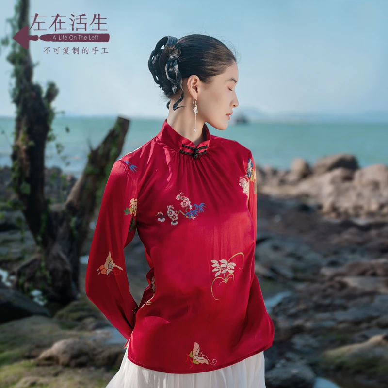 【圣诞红】生活在左春夏红色印花立领盘扣复古气质显瘦酒红色衬衫