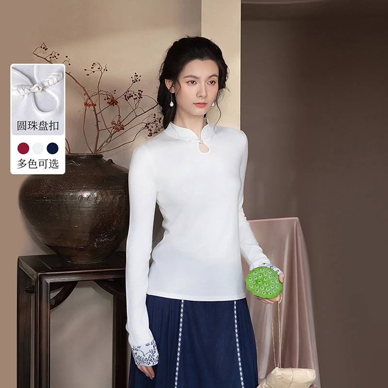 生活在左新中式毛织上衣春季新品多色提花复古显瘦长袖毛衣女
