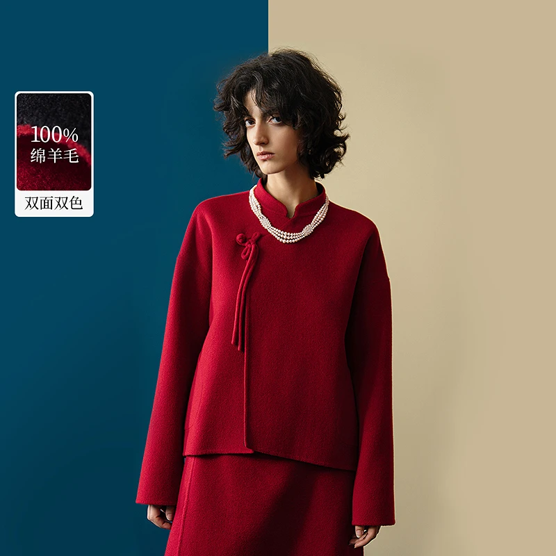 生活在左2024秋绵羊毛双面呢双穿新中式短款盘扣毛呢外套T1944087