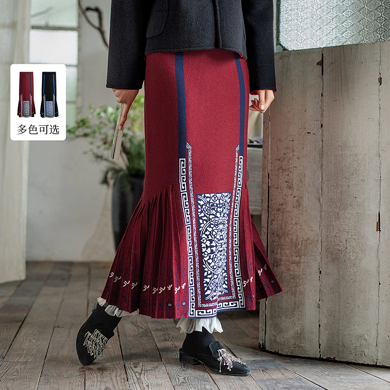 生活在左鱼尾毛织半身裙提花新中式传统秋冬新品保暖裙子女