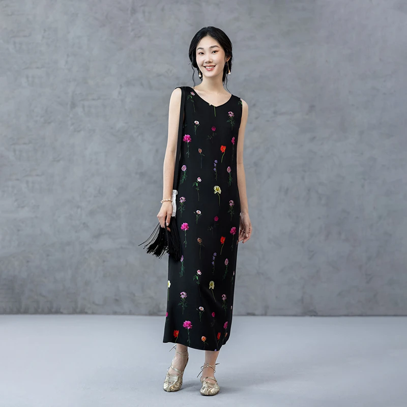 生活在左竹纤维连衣裙抗菌复古优雅宽松2025春季新品无袖长裙女