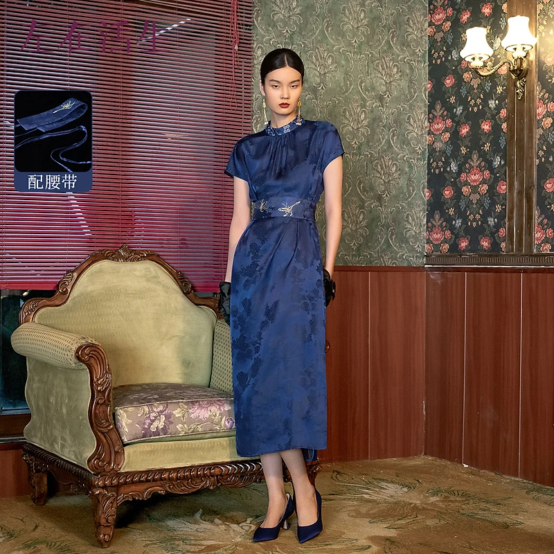 生活在左桑蚕丝混纺连衣裙复古提花配腰封新品短袖长裙女1941278